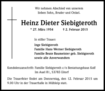 Anzeige von Heinz Dieter Siebigteroth von Kölner Stadt-Anzeiger / Kölnische Rundschau / Express