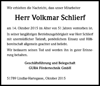 Anzeige von Volkmar Schlierf von Kölner Stadt-Anzeiger / Kölnische Rundschau / Express