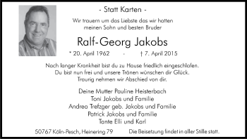Anzeige von Ralf-Georg Jakobs von Kölner Stadt-Anzeiger / Kölnische Rundschau / Express