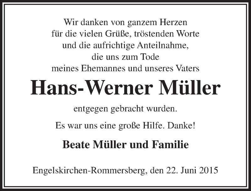  Traueranzeige für Hans-Werner Müller vom 01.07.2015 aus  Anzeigen Echo 