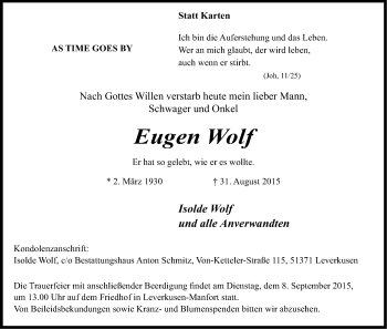 Anzeige von Eugen Wolf von Kölner Stadt-Anzeiger / Kölnische Rundschau / Express