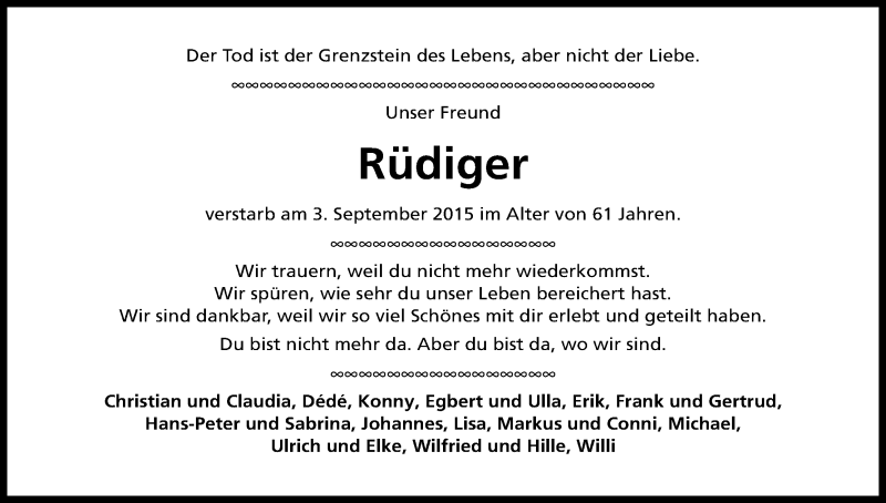  Traueranzeige für Rüdiger Lütgens vom 09.09.2015 aus Kölner Stadt-Anzeiger / Kölnische Rundschau / Express