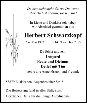 Anzeige von Herbert Schwarzkopf von Kölner Stadt-Anzeiger / Kölnische Rundschau / Express