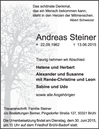 Anzeige von Andreas Steiner von  Schlossbote/Werbekurier 