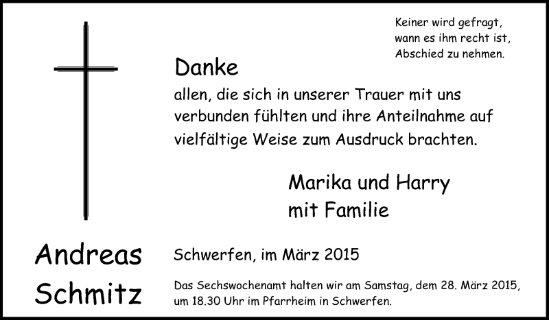  Traueranzeige für Andreas Schmitz vom 15.03.2015 aus  Blickpunkt Euskirchen 