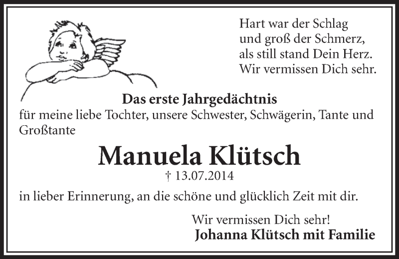 Traueranzeige für Manuela Klütsch vom 08.07.2015 aus  Schlossbote/Werbekurier 