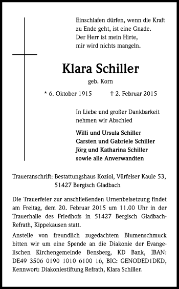 Anzeige von Klara Schiller von Kölner Stadt-Anzeiger / Kölnische Rundschau / Express