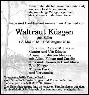 Anzeige von Waltraut Küsgen von Kölner Stadt-Anzeiger / Kölnische Rundschau / Express