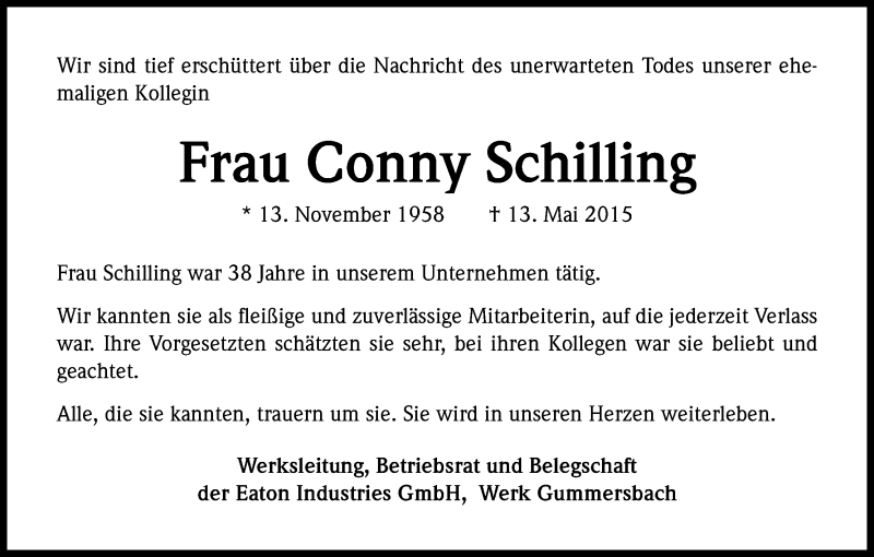  Traueranzeige für Conny Schilling vom 27.05.2015 aus Kölner Stadt-Anzeiger / Kölnische Rundschau / Express