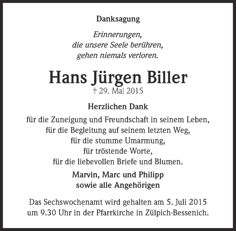  Traueranzeige für Hans Jürgen Biller vom 28.06.2015 aus  Blickpunkt Euskirchen 