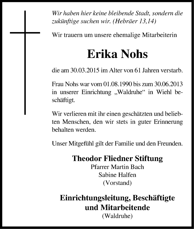  Traueranzeige für Erika Nohs vom 11.05.2015 aus Kölner Stadt-Anzeiger / Kölnische Rundschau / Express