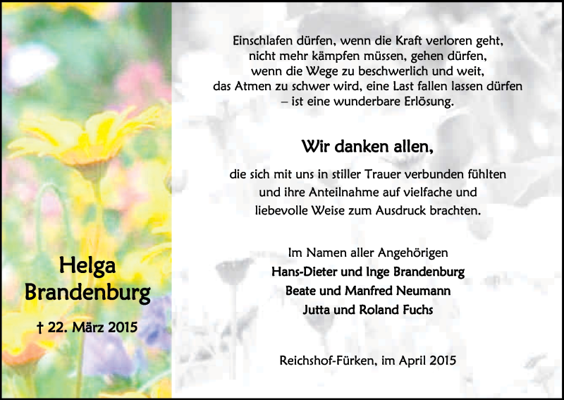  Traueranzeige für Helga Brandenburg vom 25.04.2015 aus Kölner Stadt-Anzeiger / Kölnische Rundschau / Express