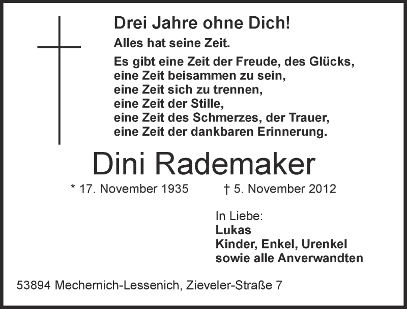  Traueranzeige für Dini Rademaker vom 08.11.2015 aus  Blickpunkt Euskirchen 