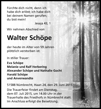 Anzeige von Walter Schöpe von Kölner Stadt-Anzeiger / Kölnische Rundschau / Express