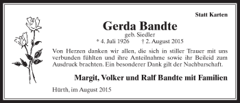 Anzeige von Gerda Bandte von  Wochenende 