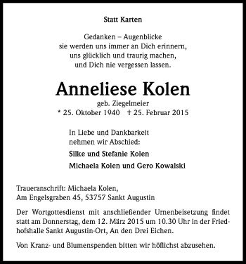 Anzeige von Anneliese Kolen von Kölner Stadt-Anzeiger / Kölnische Rundschau / Express