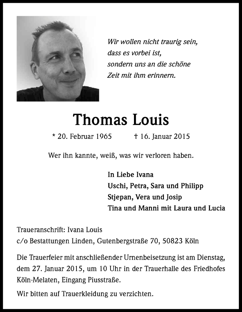  Traueranzeige für Thomas Louis vom 24.01.2015 aus Kölner Stadt-Anzeiger / Kölnische Rundschau / Express