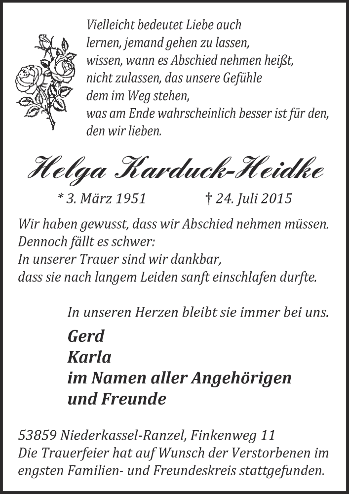  Traueranzeige für Helga    Karduck-Heidke vom 12.08.2015 aus  Kölner Wochenspiegel  Extra Blatt 