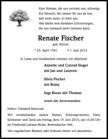 Anzeige von Renate Fischer von Kölner Stadt-Anzeiger / Kölnische Rundschau / Express