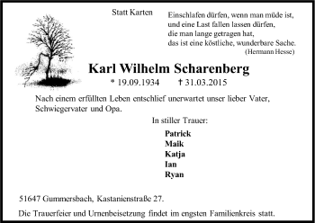 Anzeige von Karl Wilhelm Scharenberg von Kölner Stadt-Anzeiger / Kölnische Rundschau / Express