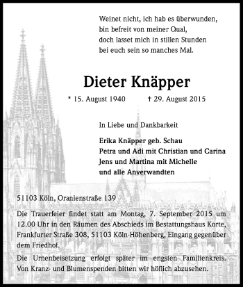 Anzeige von Dieter Knäpper von Kölner Stadt-Anzeiger / Kölnische Rundschau / Express