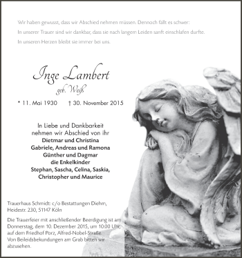 Anzeige von Inge Lambert von  Kölner Wochenspiegel 