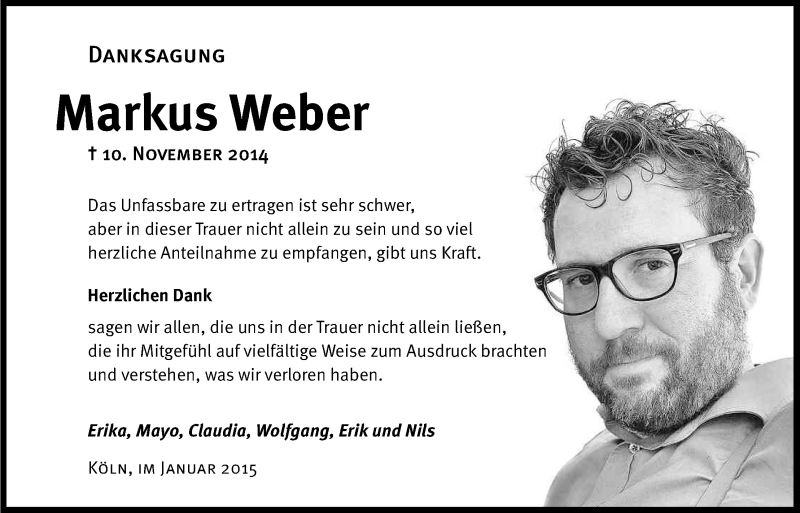  Traueranzeige für Markus Weber vom 24.01.2015 aus Kölner Stadt-Anzeiger / Kölnische Rundschau / Express