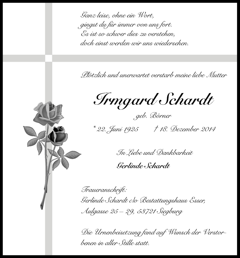  Traueranzeige für Irmgard Schardt vom 14.01.2015 aus Kölner Stadt-Anzeiger / Kölnische Rundschau / Express