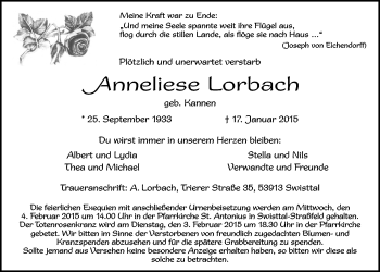 Anzeige von Anneliese Lorbach von  Blickpunkt Euskirchen 