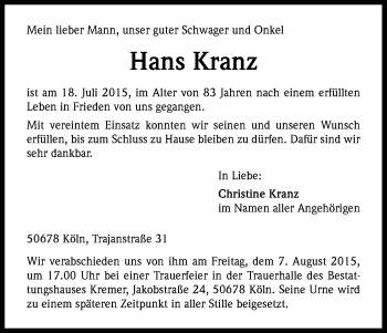 Anzeige von Hans Kranz von Kölner Stadt-Anzeiger / Kölnische Rundschau / Express