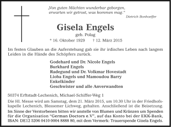 Anzeige von Gisela Engels von Kölner Stadt-Anzeiger / Kölnische Rundschau / Express