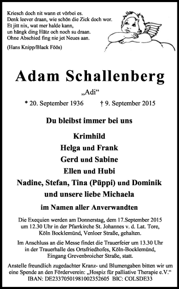 Anzeige von Adam Schallenberg von Kölner Stadt-Anzeiger / Kölnische Rundschau / Express