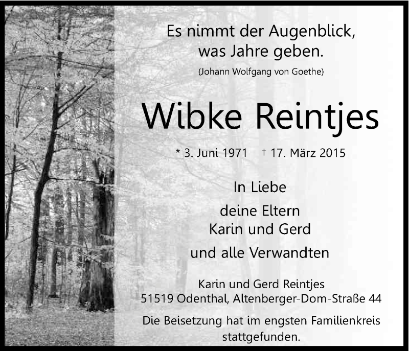  Traueranzeige für Wibke Reintjes vom 28.03.2015 aus Kölner Stadt-Anzeiger / Kölnische Rundschau / Express