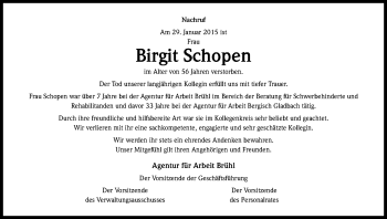 Anzeige von Birgit Schopen von Kölner Stadt-Anzeiger / Kölnische Rundschau / Express