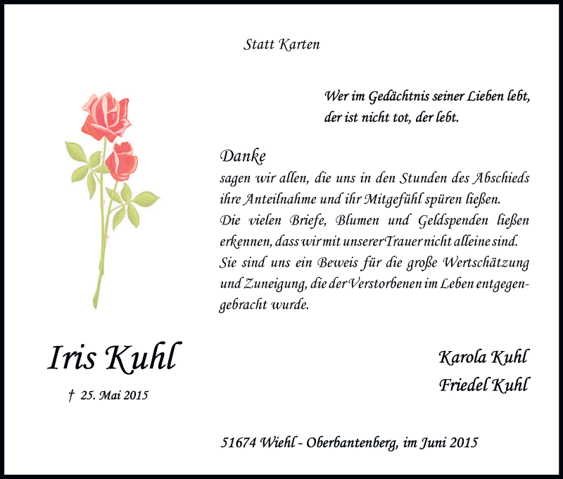  Traueranzeige für Iris Kuhl vom 24.06.2015 aus Kölner Stadt-Anzeiger / Kölnische Rundschau / Express