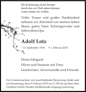 Anzeige von Adolf Lotz von Kölner Stadt-Anzeiger / Kölnische Rundschau / Express
