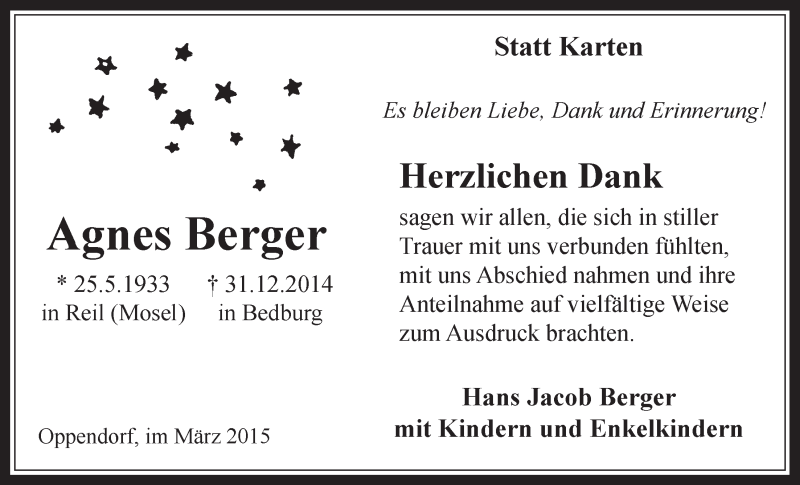 Traueranzeige für Agnes Berger vom 11.03.2015 aus  Werbepost 