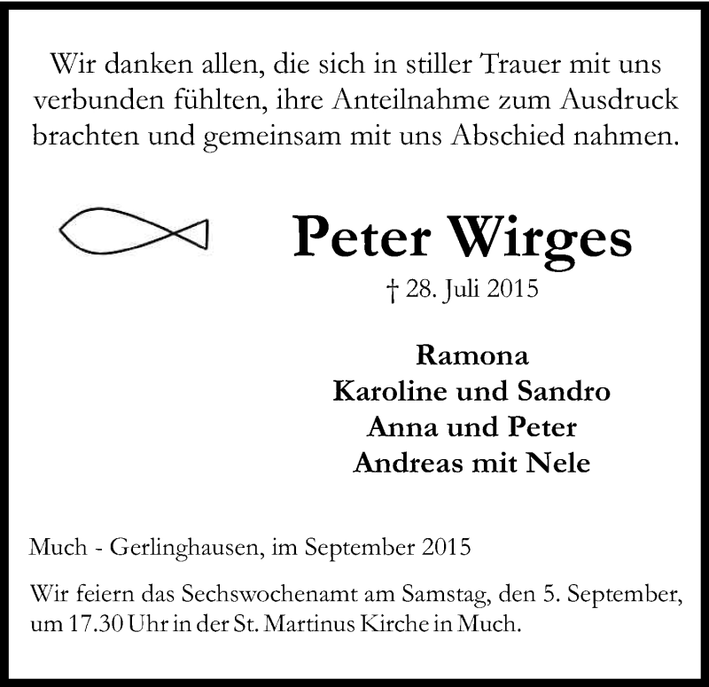  Traueranzeige für Peter Wirges vom 02.09.2015 aus Kölner Stadt-Anzeiger / Kölnische Rundschau / Express