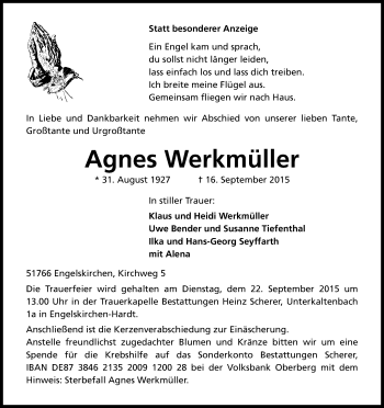 Anzeige von Agnes Werkmüller von Kölner Stadt-Anzeiger / Kölnische Rundschau / Express