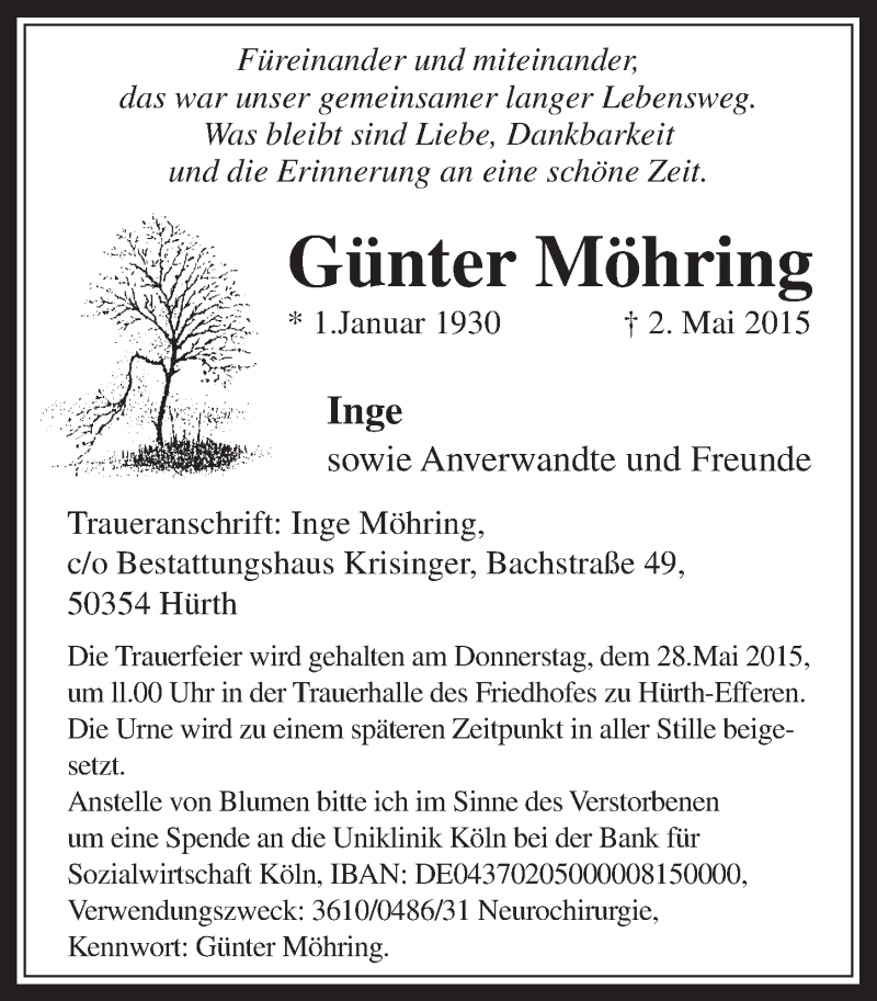  Traueranzeige für Günter Möhring vom 20.05.2015 aus  Wochenende 