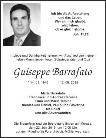 Anzeige von Guiseppe Barrafato von  Kölner Wochenspiegel 