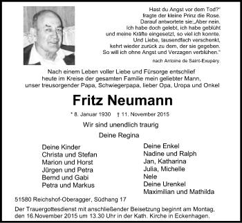 Anzeige von Fritz Neumann von Kölner Stadt-Anzeiger / Kölnische Rundschau / Express