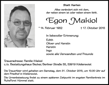 Anzeige von Egon Makiol von Kölner Stadt-Anzeiger / Kölnische Rundschau / Express