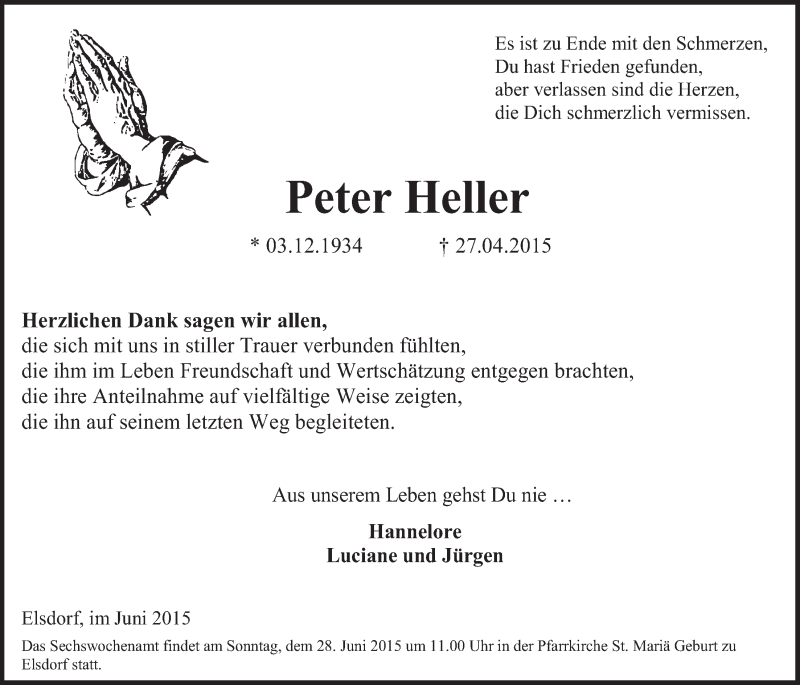  Traueranzeige für Peter Heller vom 17.06.2015 aus  Werbepost 