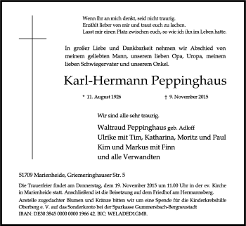 Anzeige von Karl-Hermann Peppinghaus von Köln - Wir Trauern