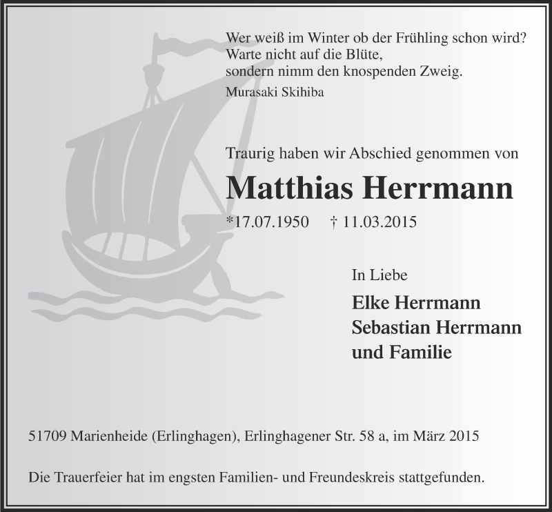  Traueranzeige für Matthias Herrmann vom 25.03.2015 aus  Anzeigen Echo 