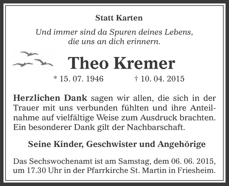  Traueranzeige für Theo Kremer vom 27.05.2015 aus  Werbepost 