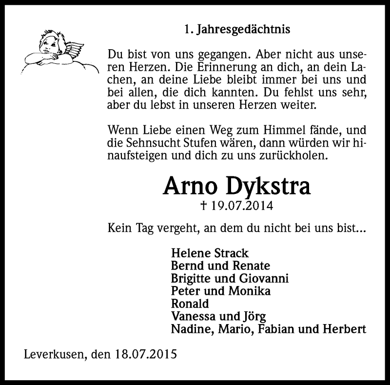  Traueranzeige für Arno Dykstra vom 18.07.2015 aus Kölner Stadt-Anzeiger / Kölnische Rundschau / Express