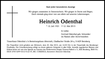 Anzeige von Heinrich Odenthal von Kölner Stadt-Anzeiger / Kölnische Rundschau / Express