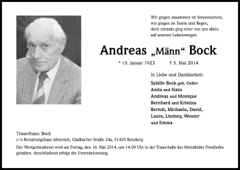 Anzeige von Andreas Bock von Kölner Stadt-Anzeiger / Kölnische Rundschau / Express